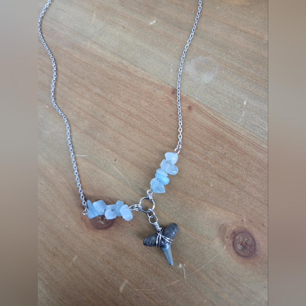 Customade Chic Silver Necklace with Aquamarine Stones And Real Shark Tooth